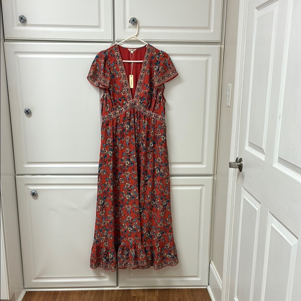 Max Studio Red Pleated Sundress with Flutter Sleeves